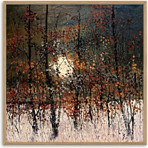 Autumn Trees in the Sun by Justyna Kopania - dark trunks and orange and red leaves around a pale sun