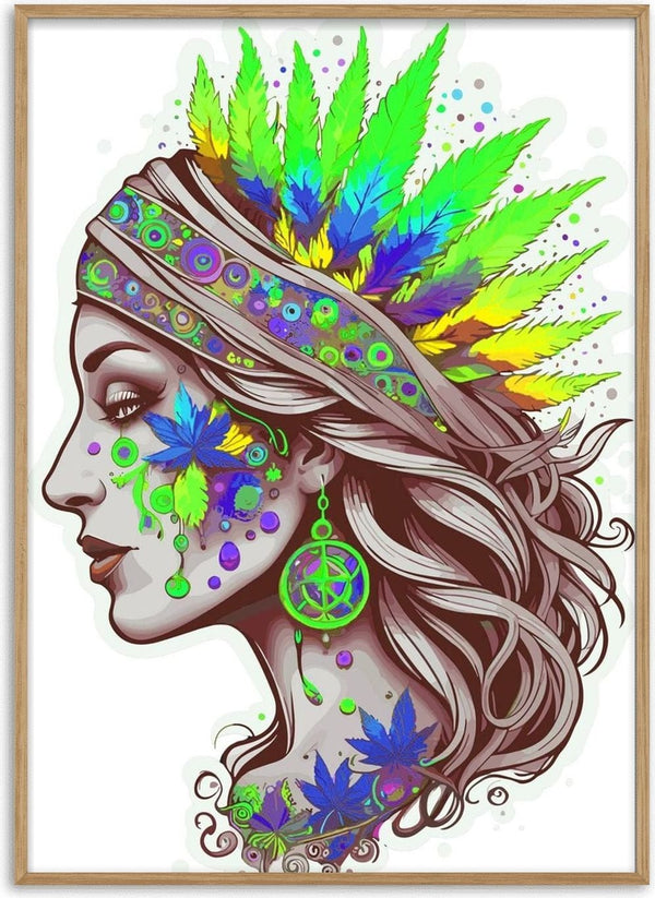 The Leaf Crown by BunteBeute - a woman in profile with a headdress of feathers and cannabis leaves
