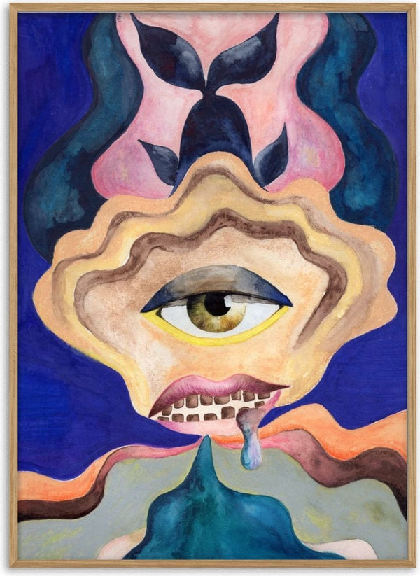 The Weeping Eye by Shimmering Ugly - a single eye in a scalloped sand shell with a pink mouth and a blue tear