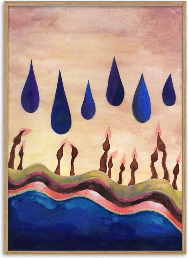 Candles Under Blue Drops by Shimmering Ugly - six blue drops over a row of brown candles above a deep blue field