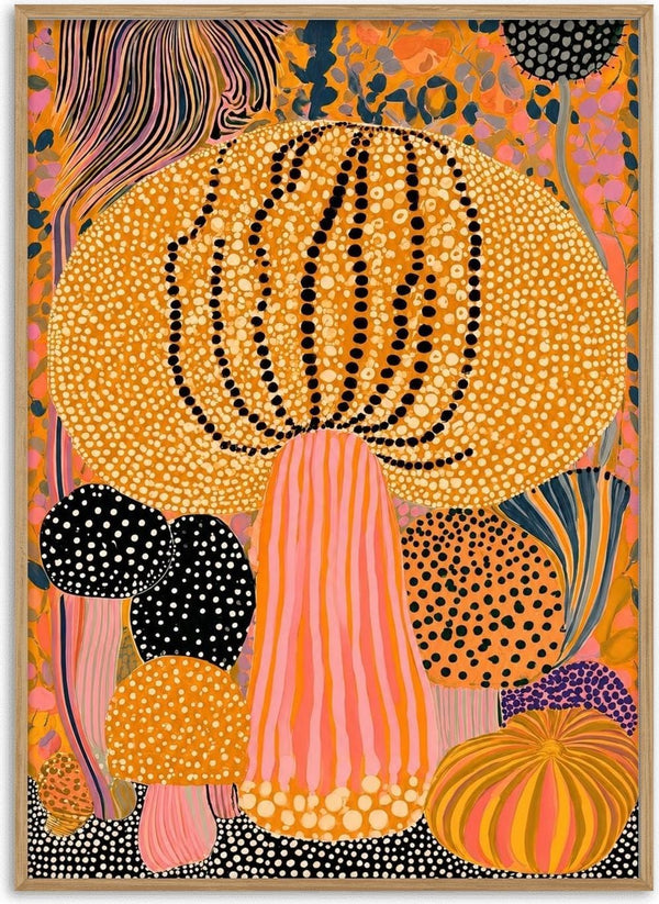 Orange Dot Mushroom by Yokohama - a large orange dotted mushroom with a pink striped stem among smaller caps