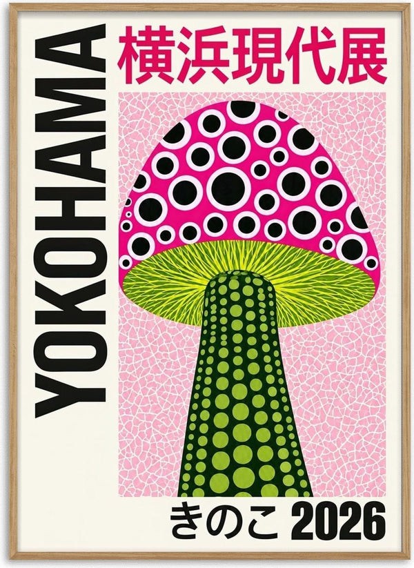 Green Stem Mushroom Poster by Yokohama - a magenta dotted cap over a lime green stem on cracked pink