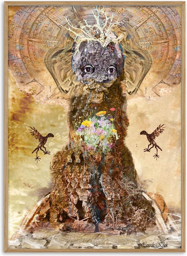 The Bark King by Henrik Kock - a crowned figure of bark and moss with wildflowers before a zodiac chart