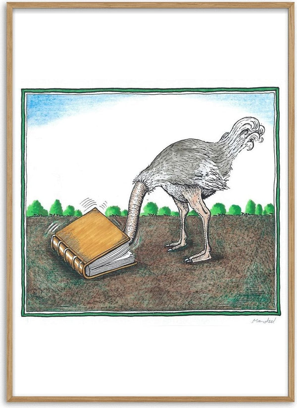 The Ostrich and the Book by Waldemar Mandzel - an ostrich with its head buried in a large book on brown earth