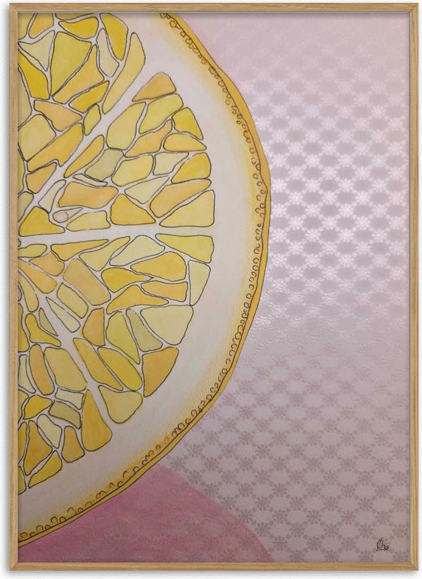 Lemon Slice by L.OE. Art - a half lemon slice in outlined yellow segments on patterned pink