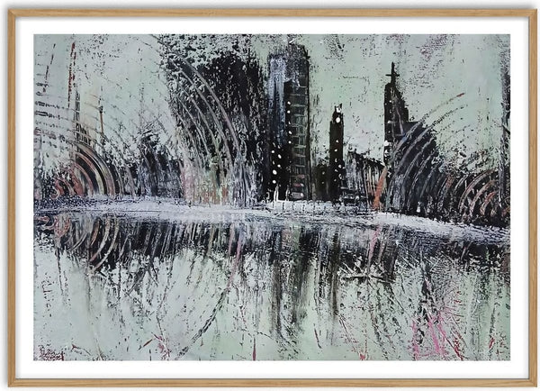 City Reflections by luco art - a dark skyline mirrored in still water on a pale green-grey ground