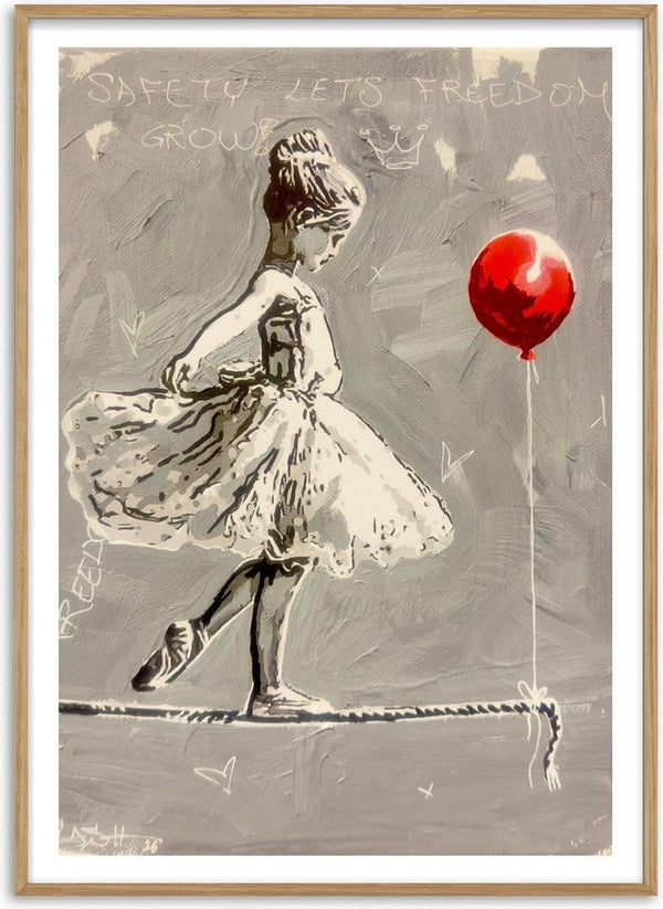 Safety Lets Freedom Grow by Cash - a ballerina on a tightrope with a red balloon in grey
