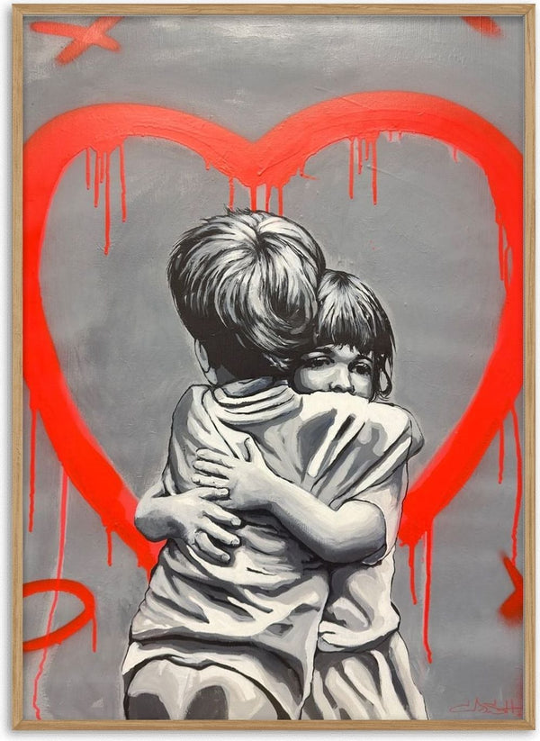 The Hug by Cash - two children holding each other under a dripping red heart