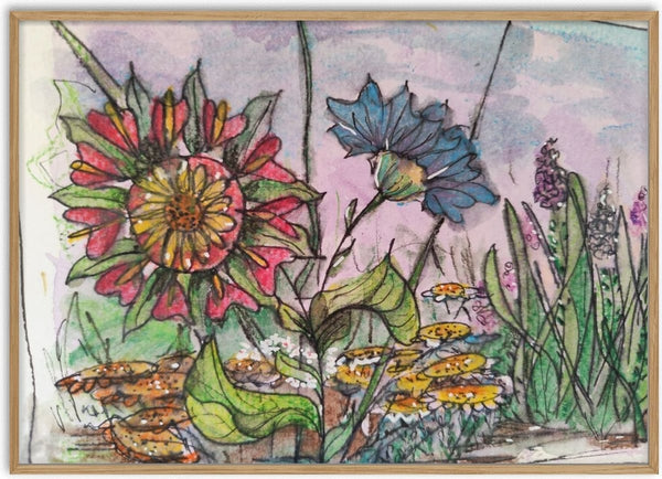 Garden Flowers by RenataK - a zinnia and cornflower in a flower bed under a pink sky