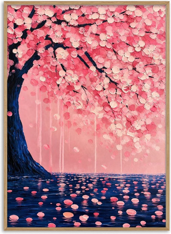 Cherry Blossom over Water by Yokohama - a pink blossoming tree with a dark blue trunk over petal-strewn water
