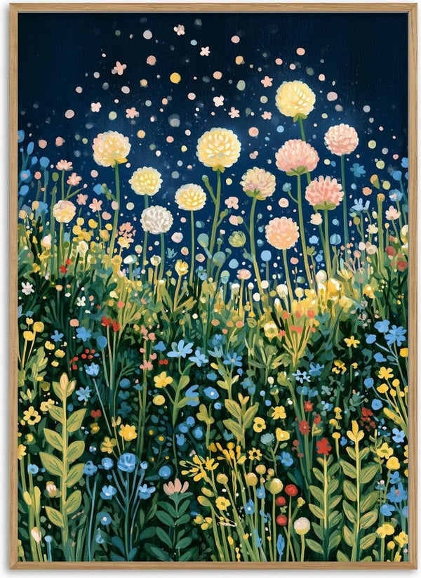 Meadow Under the Stars by Yokohama - round pastel blooms over a flower meadow under a navy night sky