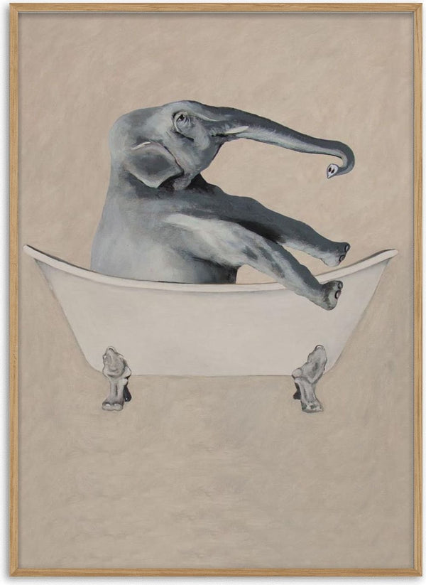 Illustration of an elephant relaxing in a white clawfoot bathtub, artwork by Coco de Paris.