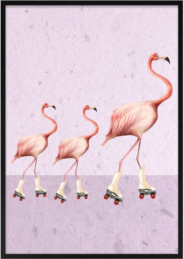 Three flamingos wearing roller skates stand in a row against a pale purple background.