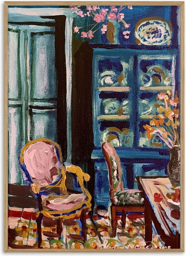 A moment of peace by Mariam De Giorgio — a blue china dresser, a gilded pink chair and vases of blossom in a shuttered room