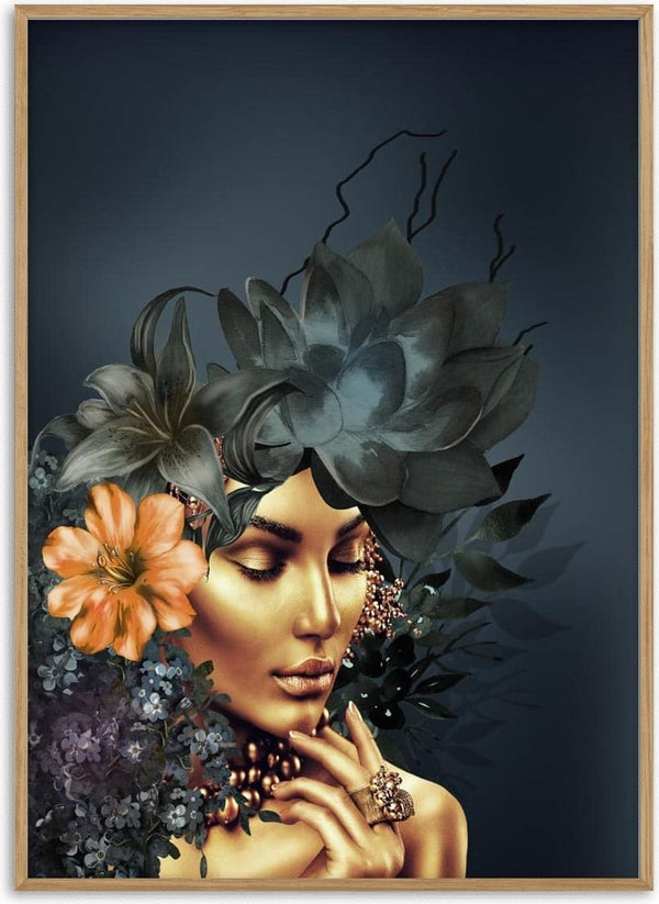 Elegant woman with golden skin and jewelry, adorned with large flowers in her hair. Golden fashion 3 poster.