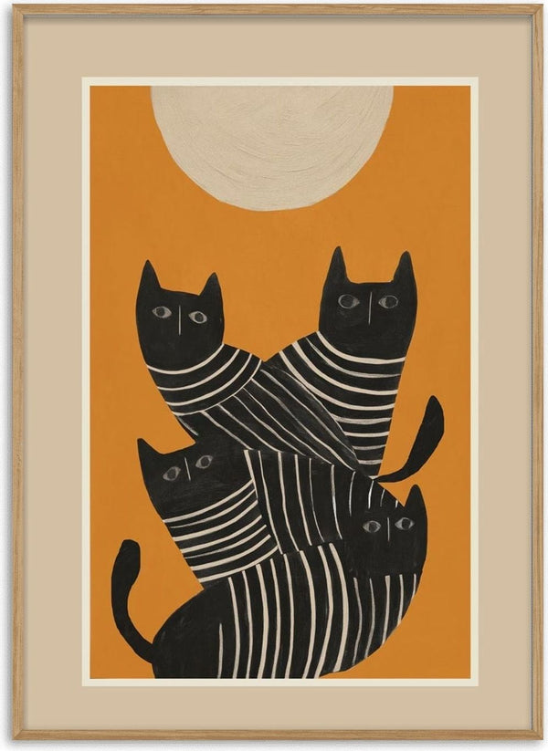 Abstract illustration of four black cats with striped bodies on an orange background under a pale sun.