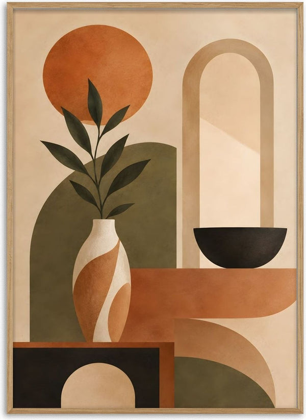 Abstract Earth-Tone Still Life by TimlessArtworks - a swirled vase with olive leaves among terracotta and beige arches