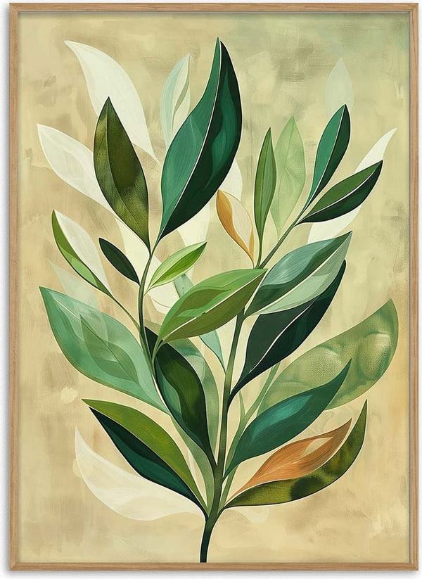 Abstract Horizon art print featuring stylized green and white leaves on a beige background.
