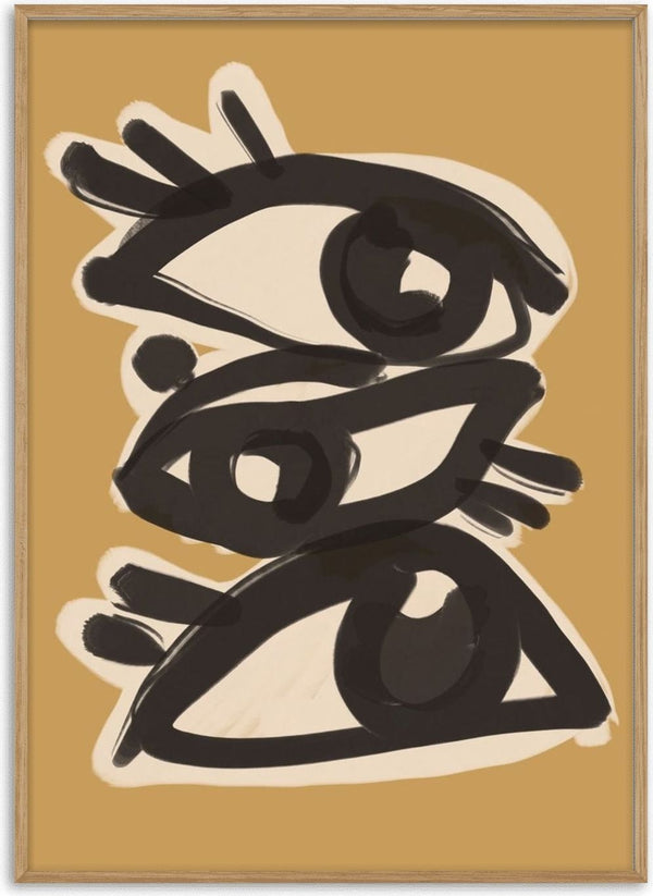 Abstract line art eyes 10 by ThingDesign - three brushed eyes on a camel brown ground