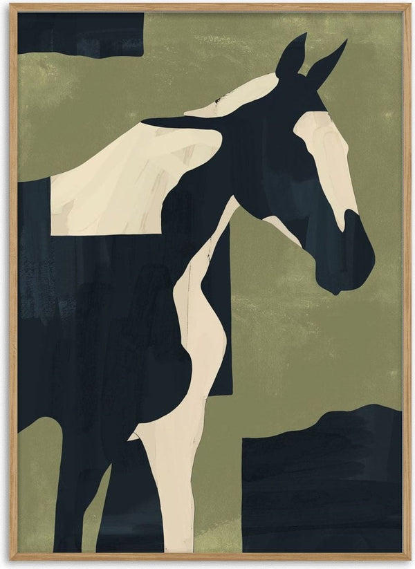 Abstract Minimal Horse 4 by ThingDesign - a horse in flat black and cream blocks on olive green