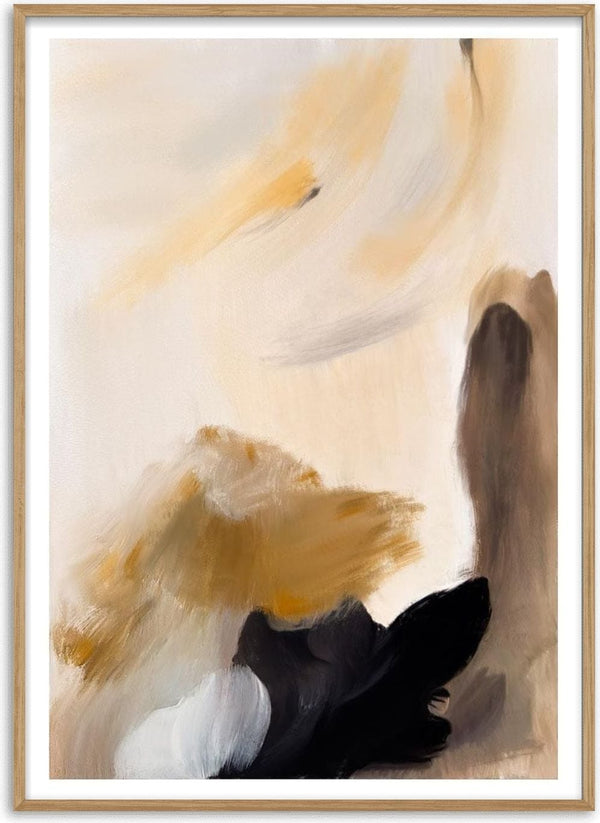 Abstract art print with broad beige, black, and brown brushstrokes on a white background.