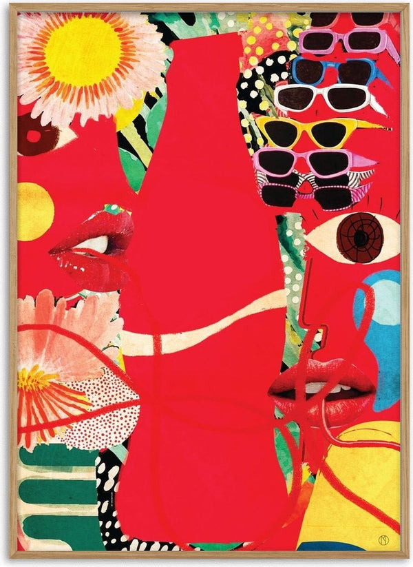 Akin by Monyuri - red pop art collage with profiles, sunflowers and sunglasses