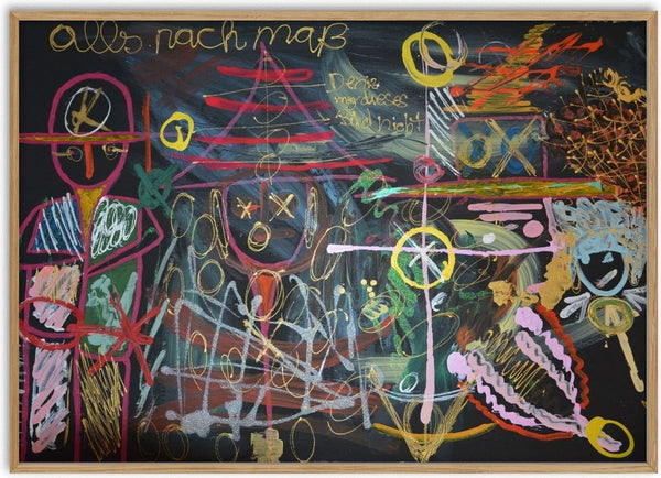 Alles nach Maß by Ali Kasap - pink outlines, gold and neon red over a black ground with handwriting