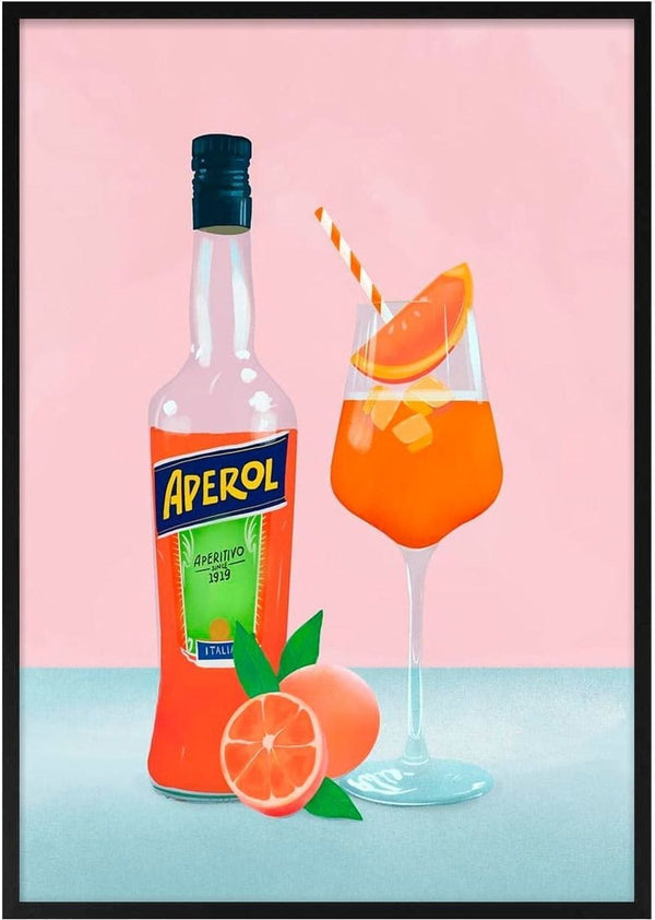 Aperol bottle and spritz cocktail with orange slice garnish and striped straw, next to fresh oranges.