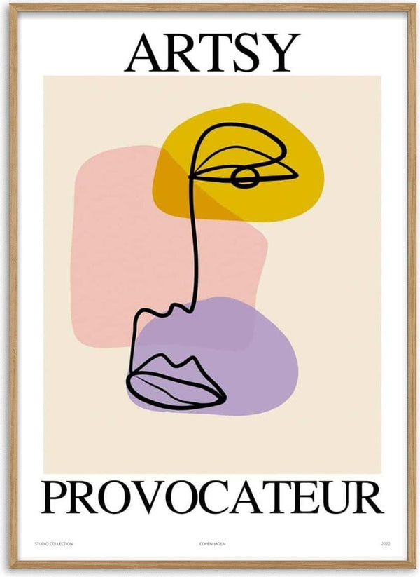 Abstract line art face with colorful shapes, titled "Artsy Provocateur no. 01 Plakat" on a product page.