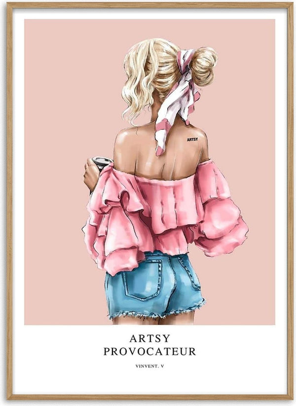 Illustration of a woman in a pink ruffled top and denim shorts, holding coffee. Artsy Provocateur by Vincent V.