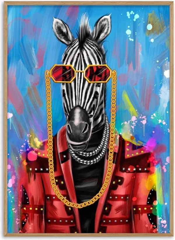 A stylish zebra in red studded jacket and gold sunglasses with chains, against a colorful splattered background.