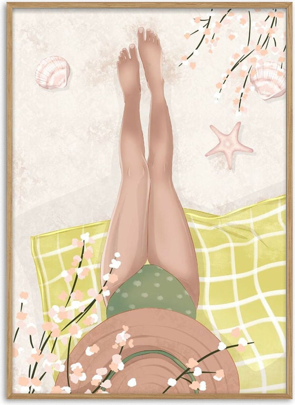 At the Beach poster by Lisen Vennesland with a woman sunbathing on a yellow checked towel surrounded by shells