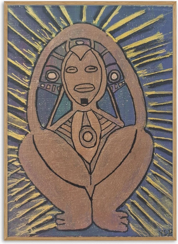 Atabey by Naïve Art by YLR - the Taíno goddess crouching in a brown oval with gold rays on deep indigo