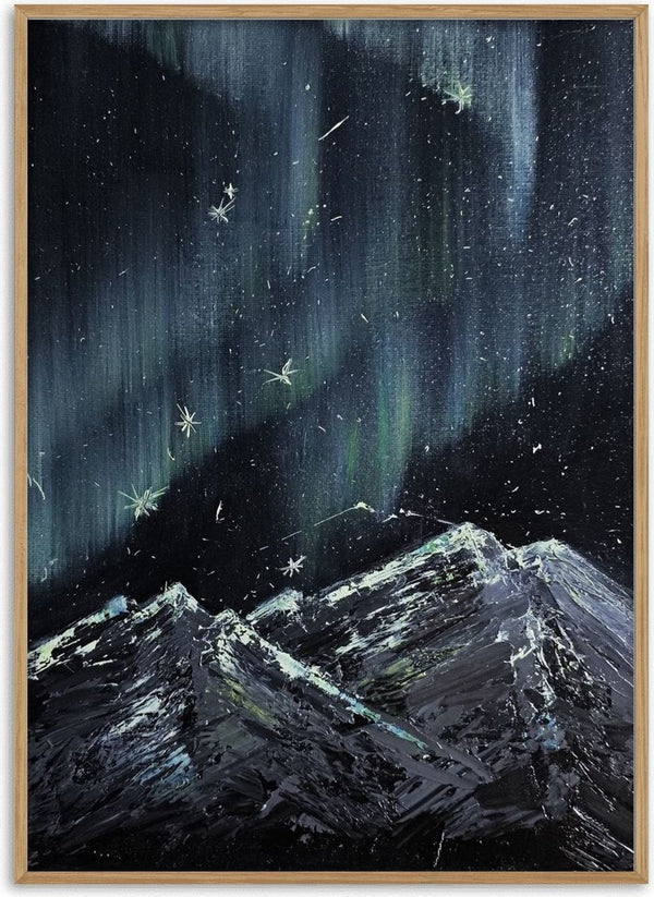 Aurora by Zhan Snow - green and teal northern lights above snow-covered mountains under a starry sky