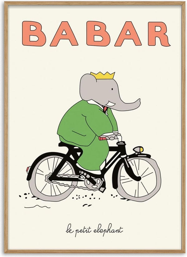 Illustration of Babar the elephant wearing a crown and green suit, riding a bicycle, with "Babar" text above.
