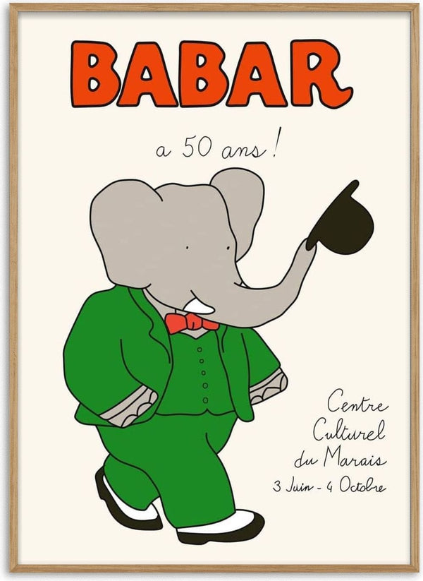 Illustration of Babar the elephant in a green suit, with "Babar" and event details for Babar Plakat No. 04 above him.