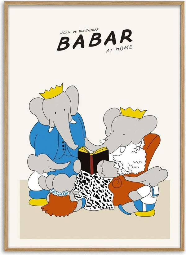 Illustration of Babar the elephant family reading together, wearing crowns, from "Babar at Home" poster.