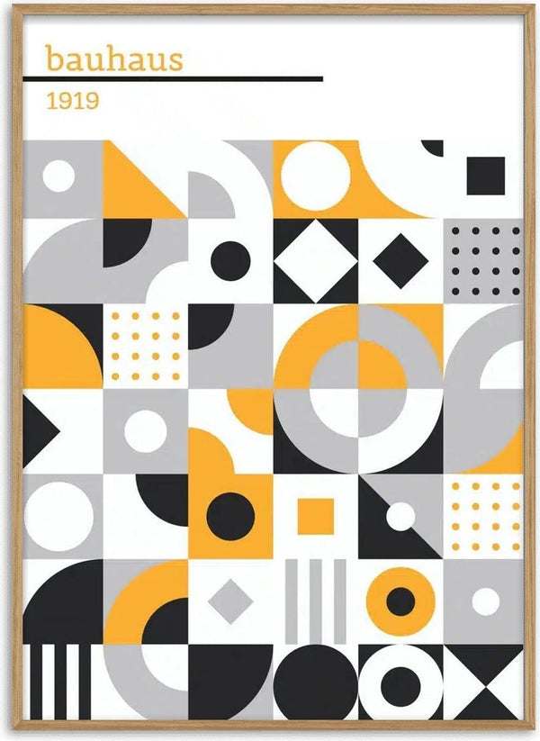 Bauhaus 1919 black and white poster with geometric shapes in yellow, black, gray, and white.
