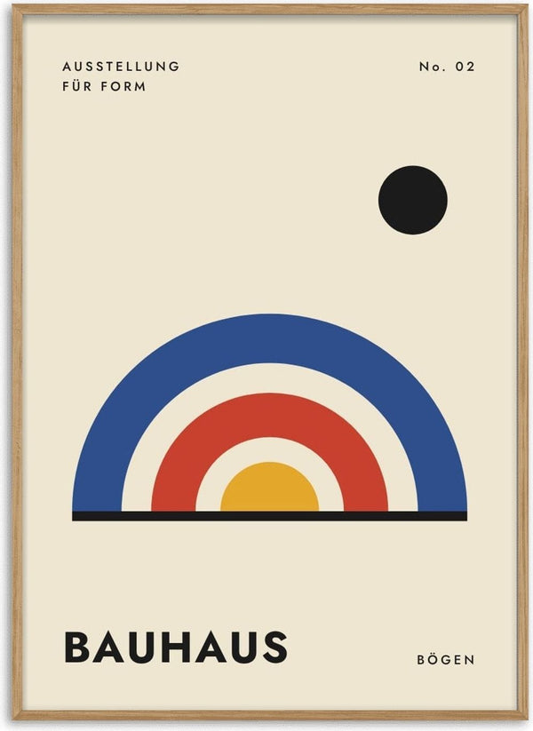 Bauhaus Bögen by ARTSY FARTSY, Bauhaus poster with nested blue, red and yellow arches with a black circle on cream