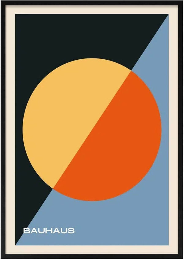 Bauhaus art poster with intersecting orange and yellow circles over black and blue geometric background.