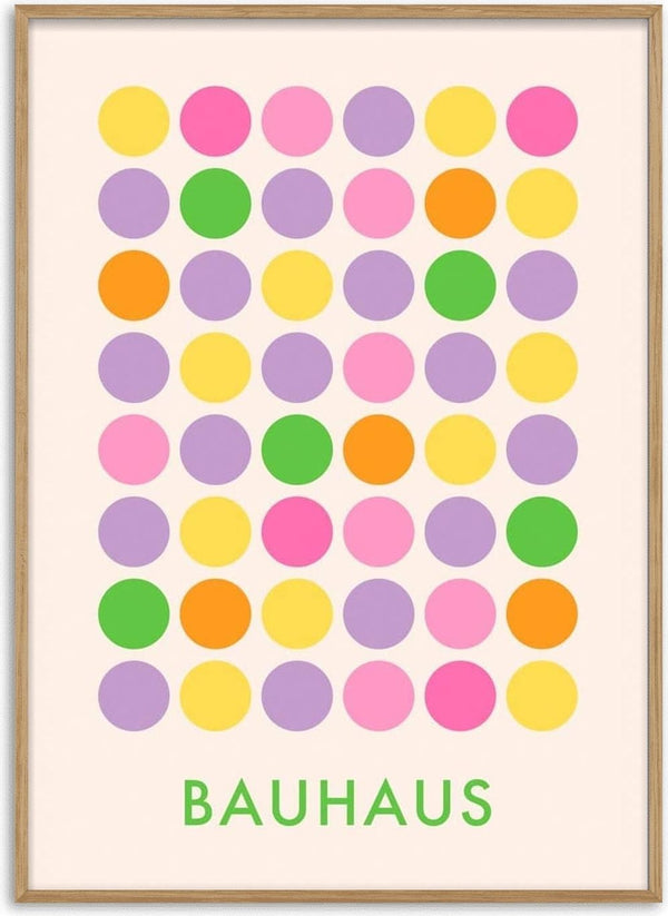 Poster with a grid of colorful dots in pastel shades and the word "BAUHAUS" in green at the bottom.