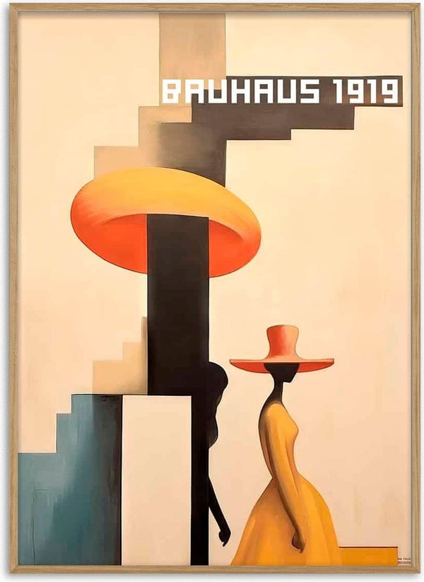 Abstract art of a woman in a yellow Bauhaus dress and hat, with geometric shapes and "BAUHAUS 1919" text.