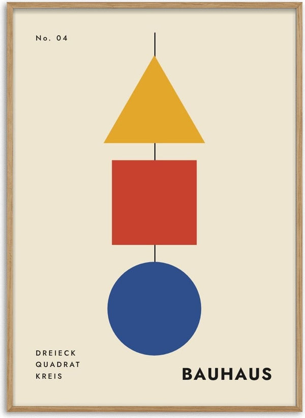 Bauhaus Grundformen by ARTSY FARTSY, Bauhaus poster with yellow triangle, red square and blue circle stacked on cream