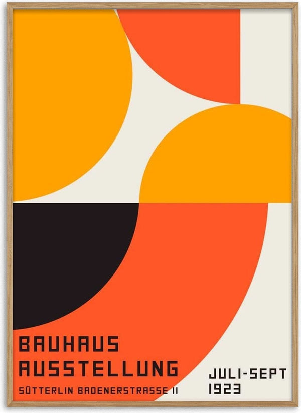 Geometric Bauhaus Orange Plakat featuring bold circles and typography, advertising a 1923 exhibition.