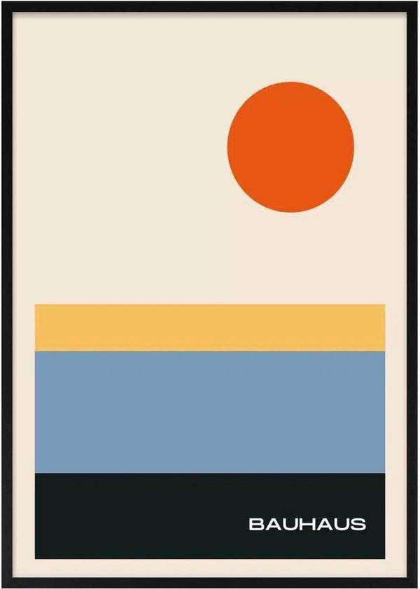 Minimalist Bauhaus art poster with a red circle, colored rectangles, and "BAUHAUS" text on a light background.