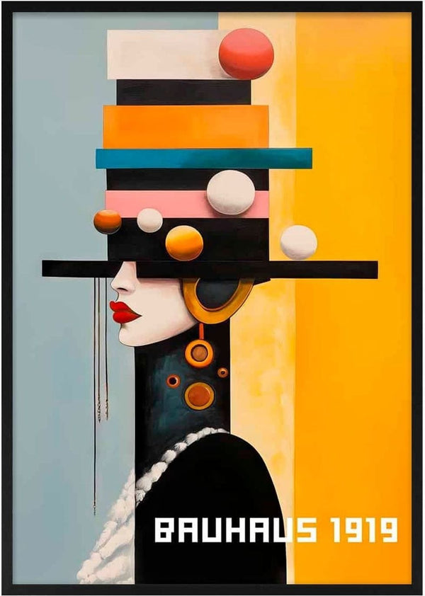 Abstract portrait of a woman with geometric hat and jewelry, inspired by Bauhaus style. Text: "BAUHAUS 1919".