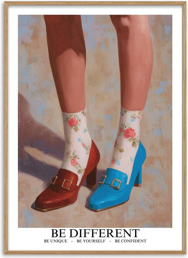 A person wearing floral socks with mismatched red and blue heels from Be Different Louboutin by Martina Karlsson.