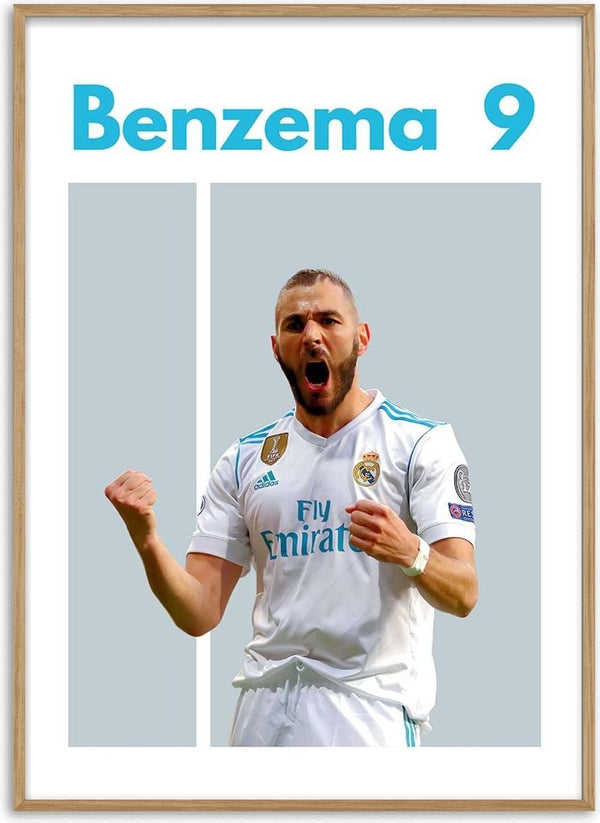 Benzema celebrating in Real Madrid kit with "Benzema 9" text above, football poster.