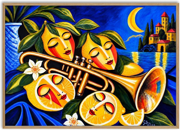 Bittersweet Symphony by Andreas Gerlach - lemons with sleeping faces and a gold trumpet by a blue bay