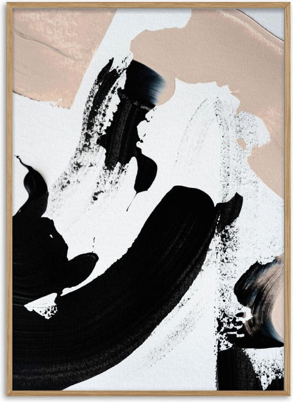 Abstract artwork with bold black and soft nude brushstrokes on white, from Black and Nude No 1 by Anastasia Sawall.